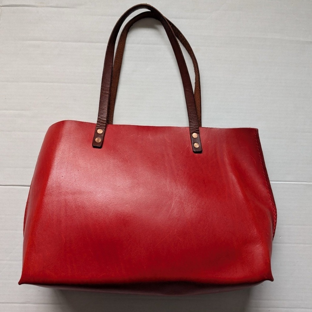 Vibrant Red and Brown Leather Tote with Sturdy Handles